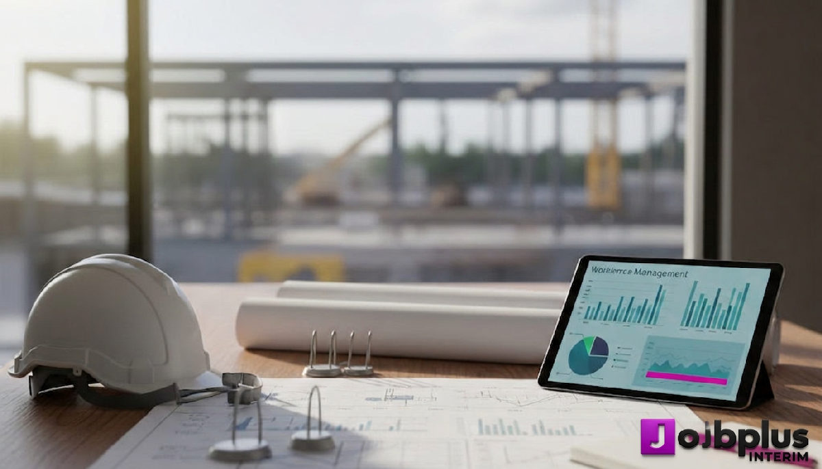 Gestion de chantier : plans, casque et tablette symbolisent l'organisation.