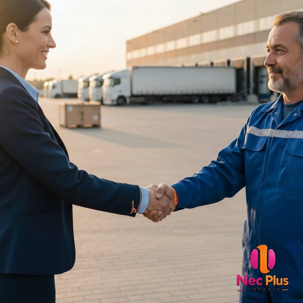 Poignée de main entre un recruteur français et un chauffeur roumain devant un entrepôt.