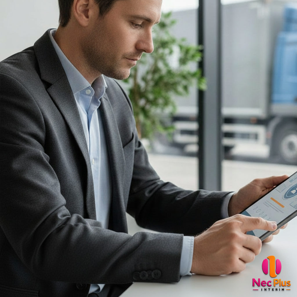 Manager consultant une tablette pour recruter un chauffeur, technologie au premier plan.