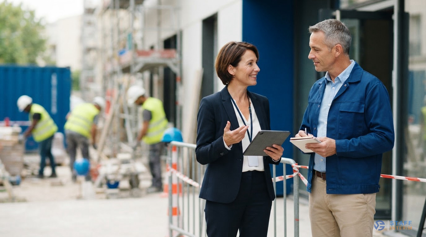 Un inspecteur du travail discutant de conformité sur un chantier.