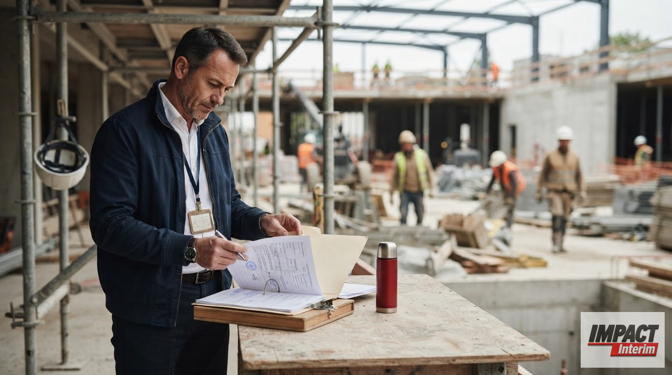 Un inspecteur du travail vérifiant des documents de conformité sur un chantier.