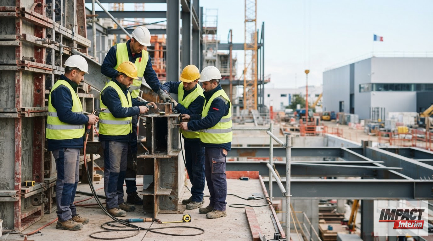 Travailleurs roumains en tenue de sécurité sur un site industriel en France.