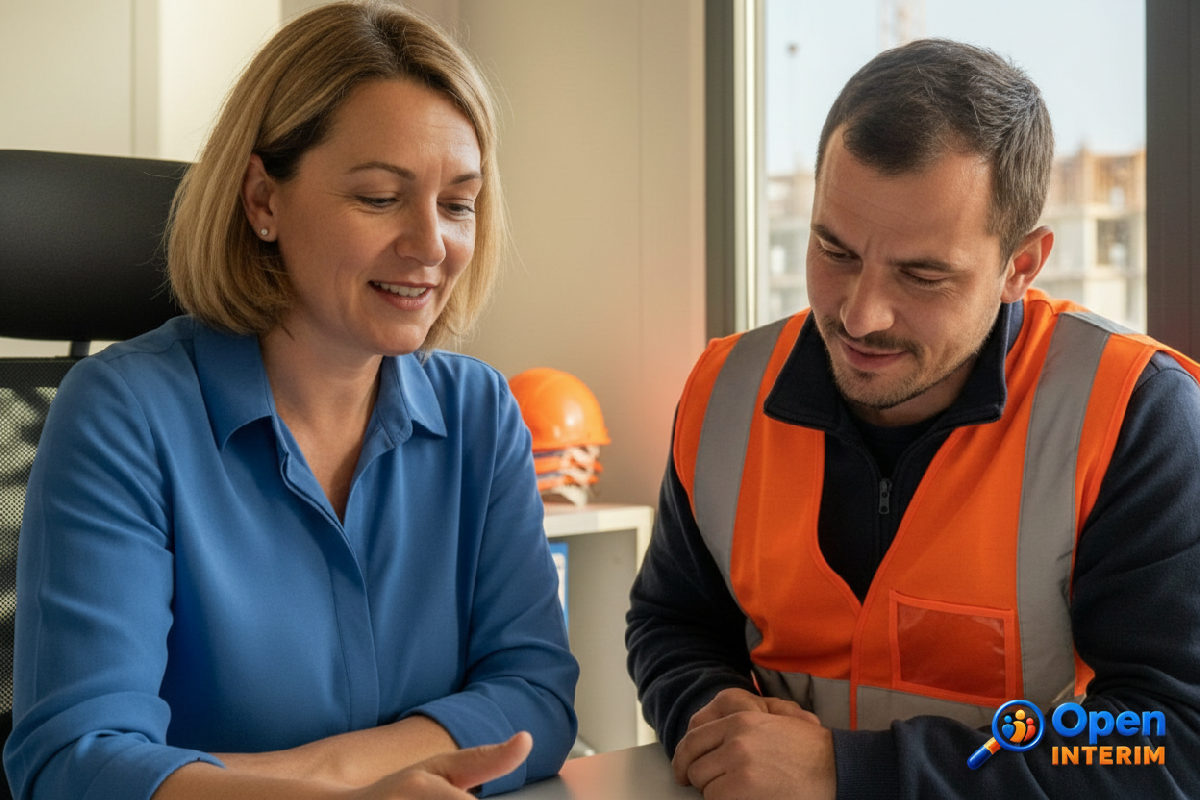 Manager RH France et ouvrier roumain discutent d'un document.