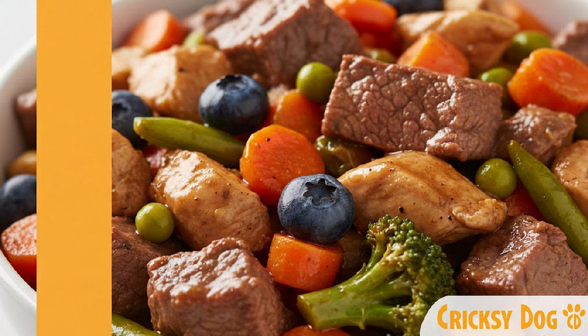 Detailaufnahme von Hundefutter mit frischen Zutaten wie Obst und Fleisch.