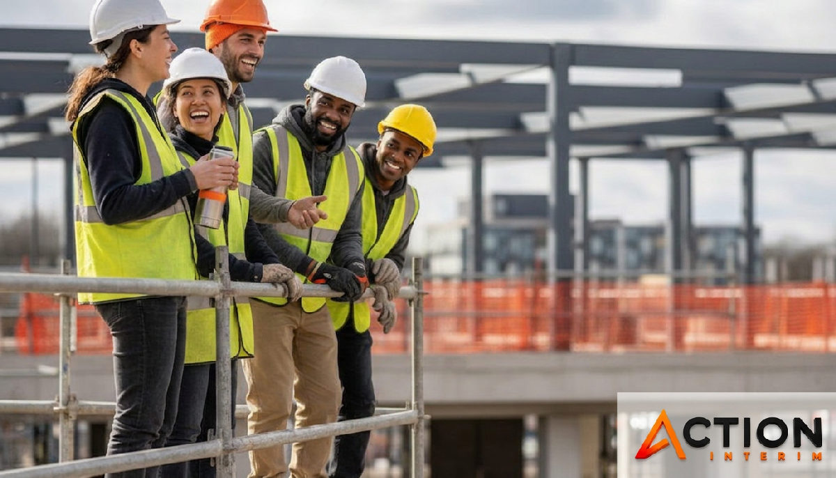 Une équipe diverse en pause sur un chantier, signe d'intégration.