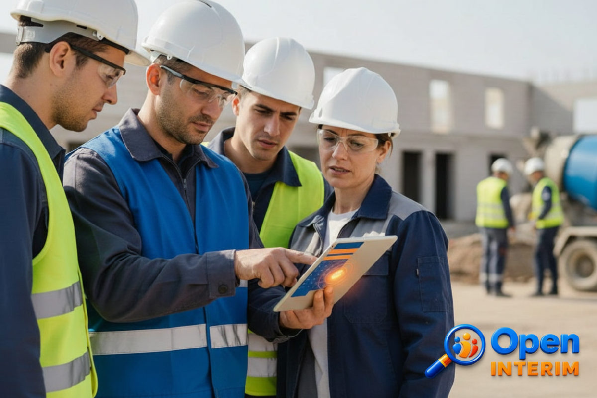 Groupe d'ouvriers roumains souriants sur un chantier.