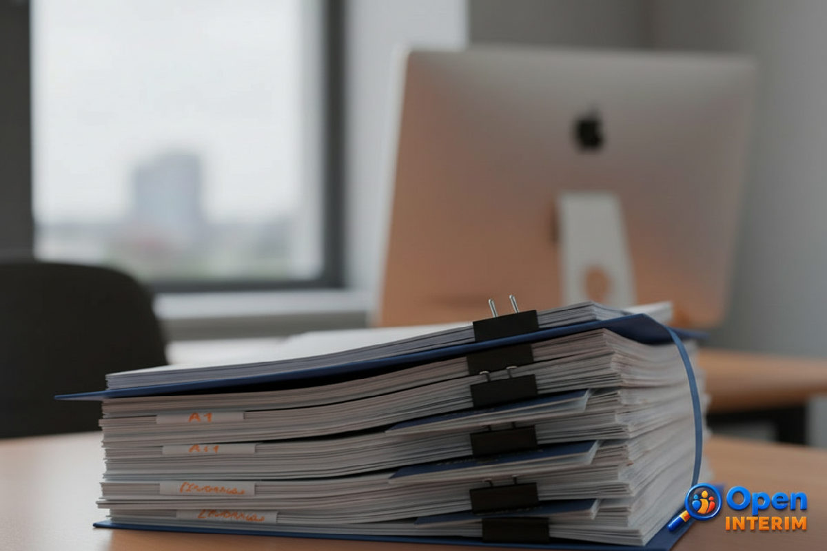Dossiers administratifs, passeports roumains et formulaires A1 symbolisant les démarches.