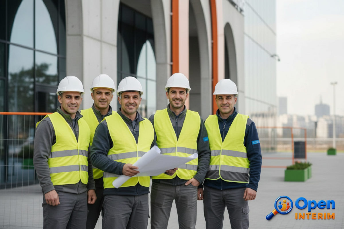 Groupe d'ouvriers roumains souriants devant une entreprise française.