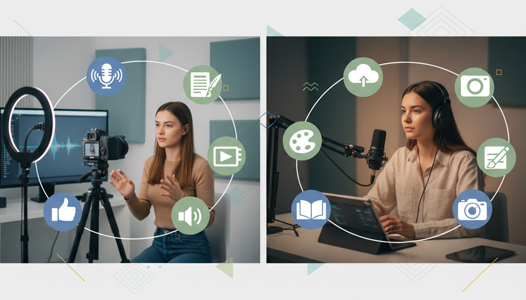 Monipuolista sisällöntuotantoa: video kuvaamassa yhdessä podcastien ja blogien kuvakkeiden kanssa.