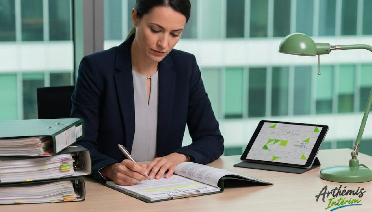 Agent administratif vérifiant les documents légaux des travailleurs saisonniers.