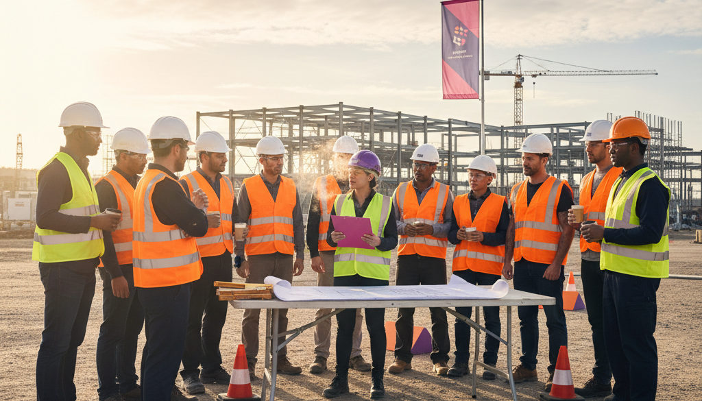Une équipe diversifiée de travailleurs en pleine réunion sur un chantier français.