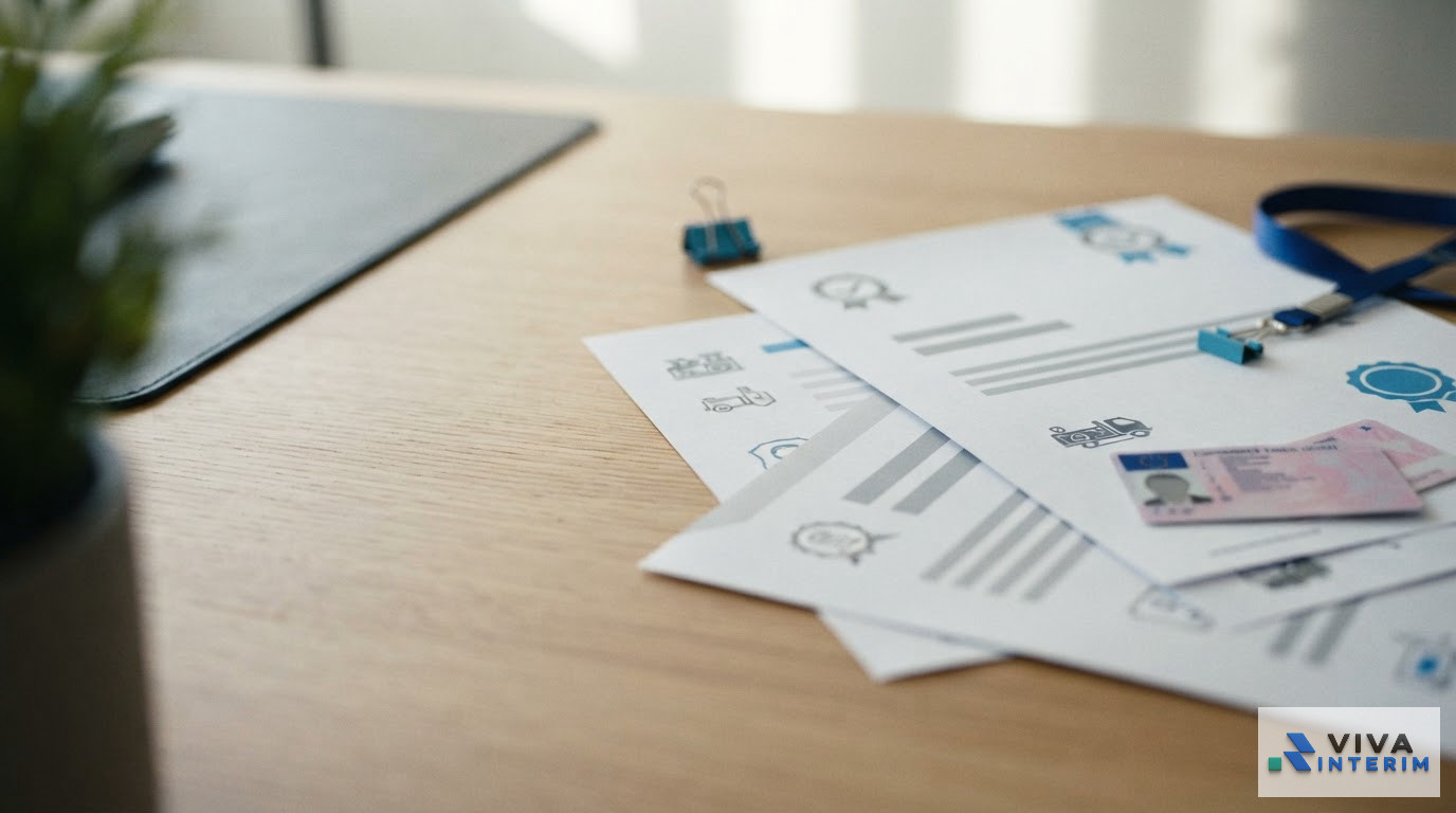 Certifications officielles et permis européens posés sur un bureau de travail.