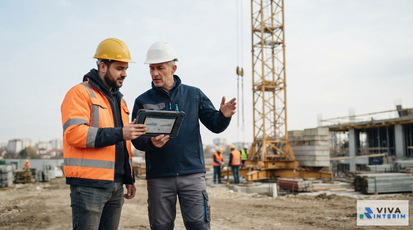 Un chef de chantier discutant avec un conducteur devant une grue.