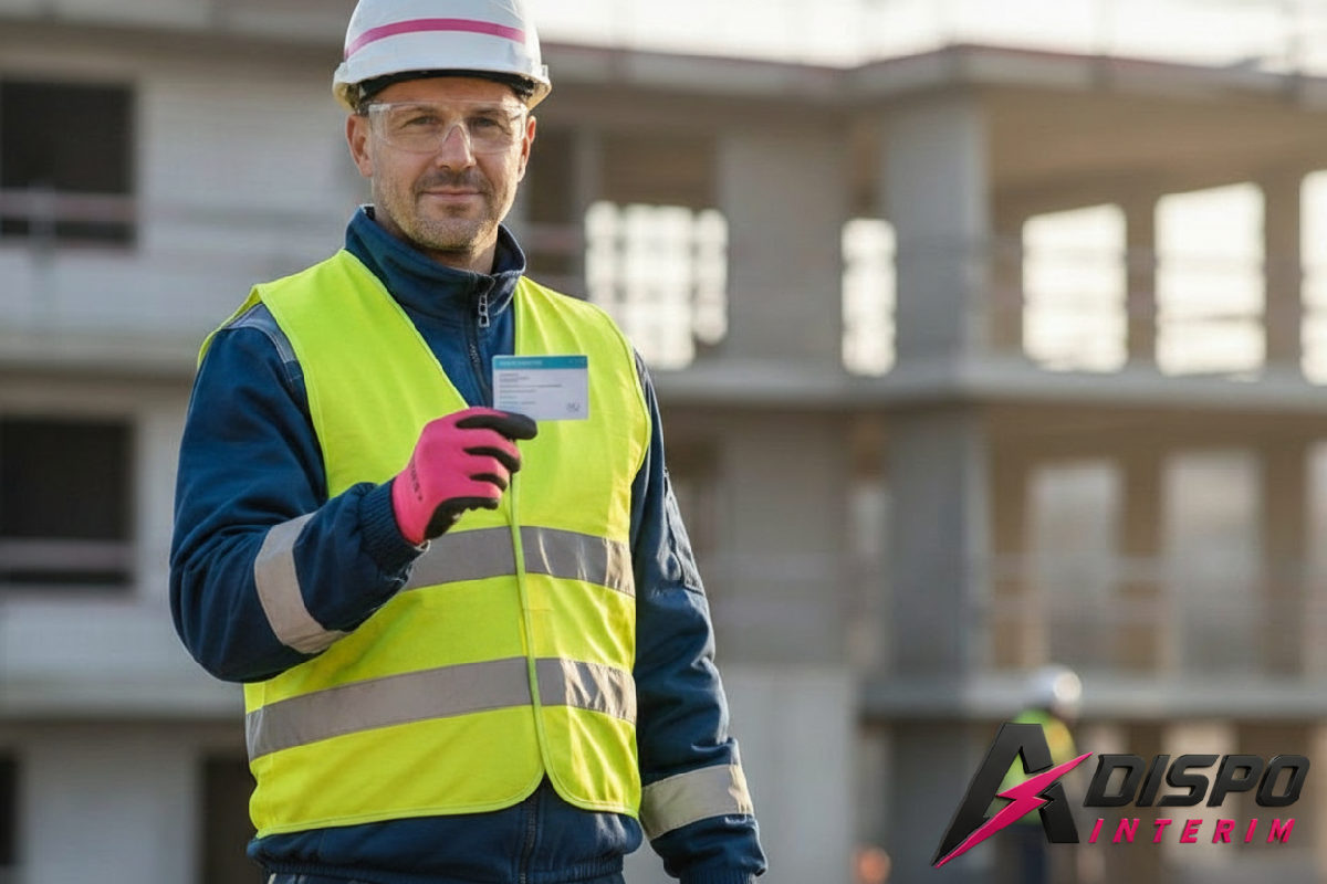 Ouvrier roumain sur chantier français, équipement de protection, carte BTP.
