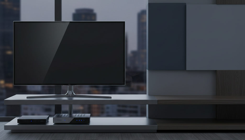 Moderne Wohnzimmer-Einrichtung mit großem Flachbildfernseher und Streaming-Box.