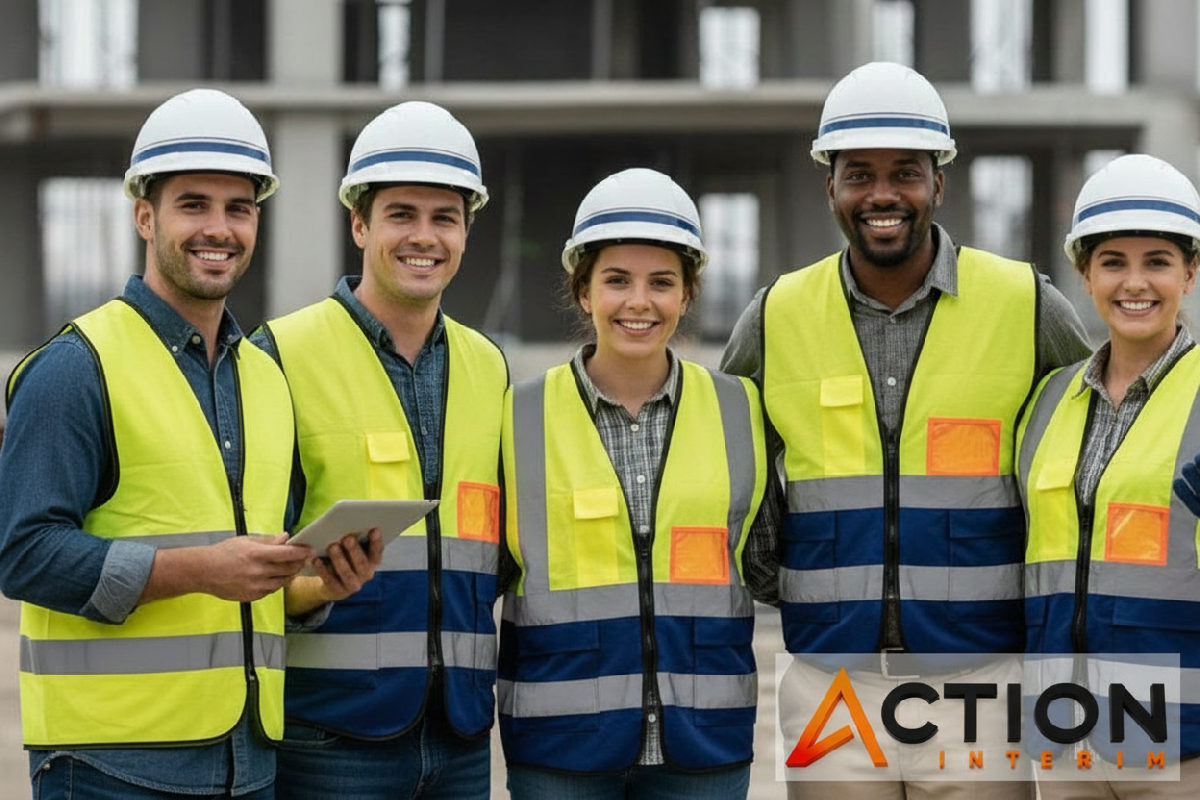 Groupe d'ouvriers souriants sur un chantier de construction.