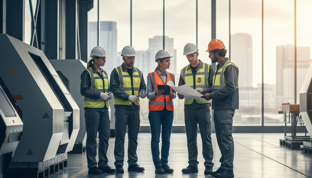 intérim transfrontalier entreprises françaises - Travailleurs qualifiés sur un site industriel moderne, symbolisant l'intérim transfrontalier.