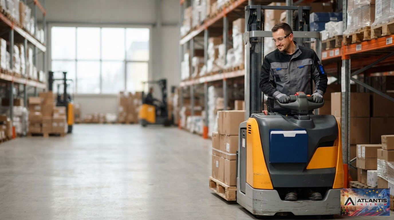 Un cariste travaillant efficacement dans un entrepôt logistique moderne.