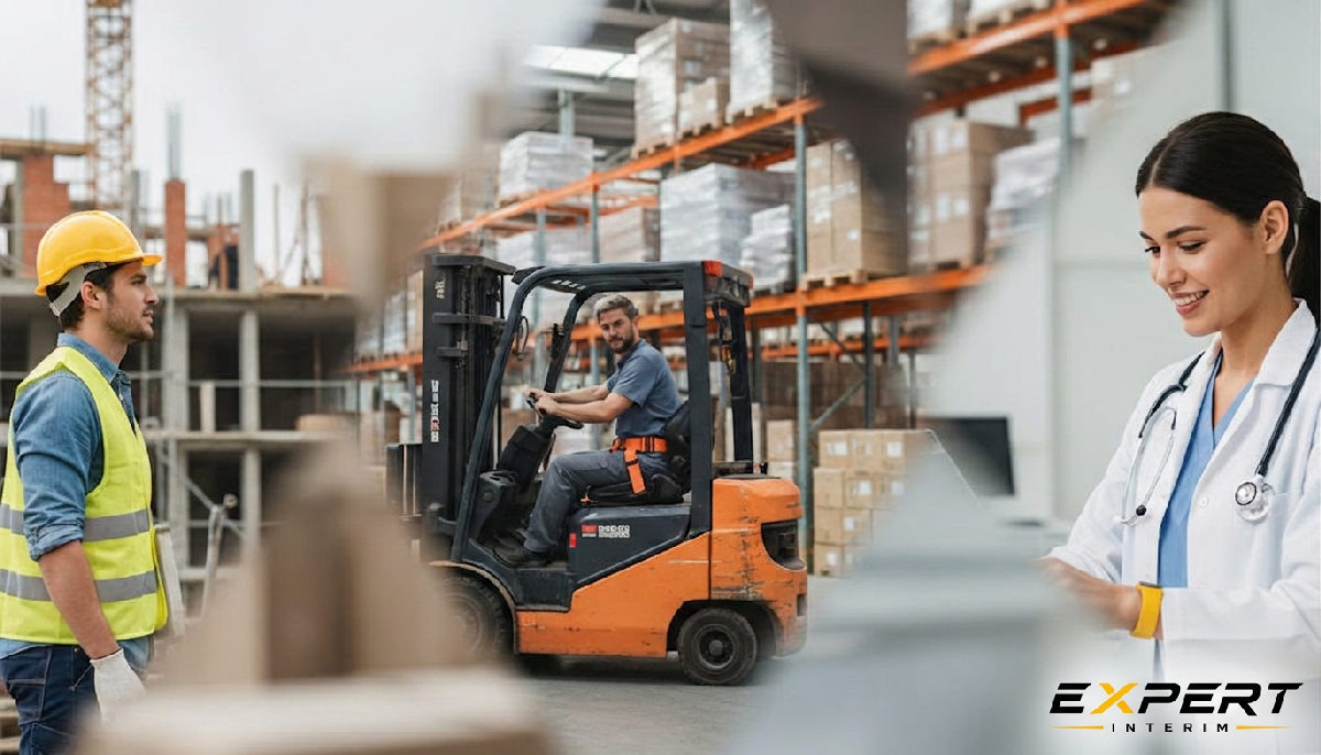 Travailleurs diversifiés dans la construction, la logistique et la santé.