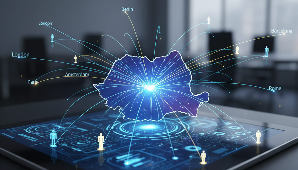 Carte de la Roumanie connectée à l'Europe, recrutement et mobilité numériques.