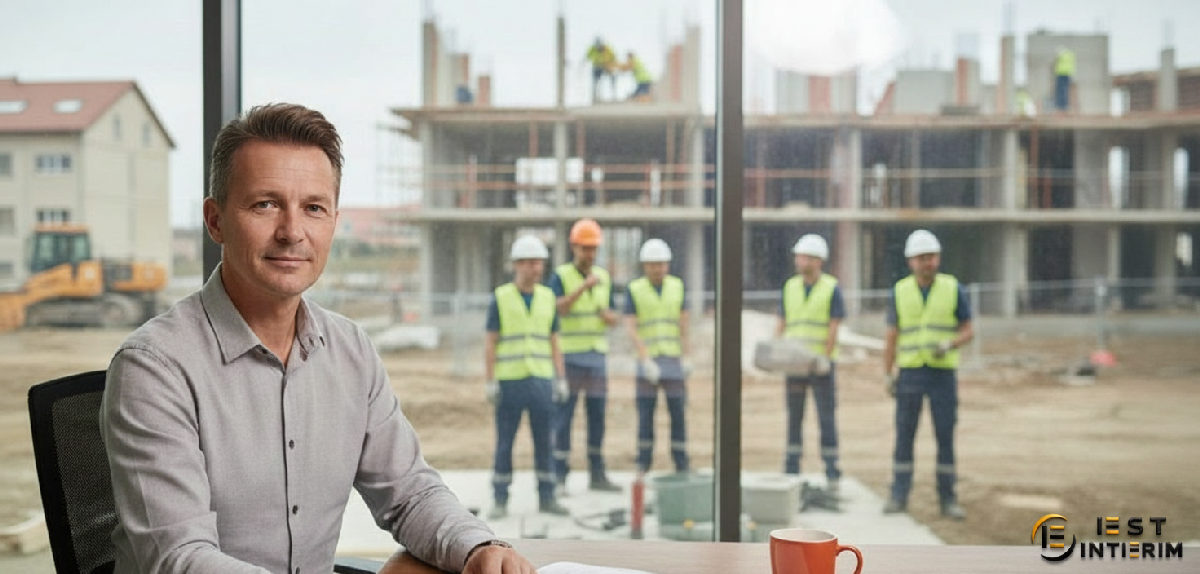 Chef d'entreprise serein, équipe roumaine productive sur chantier.