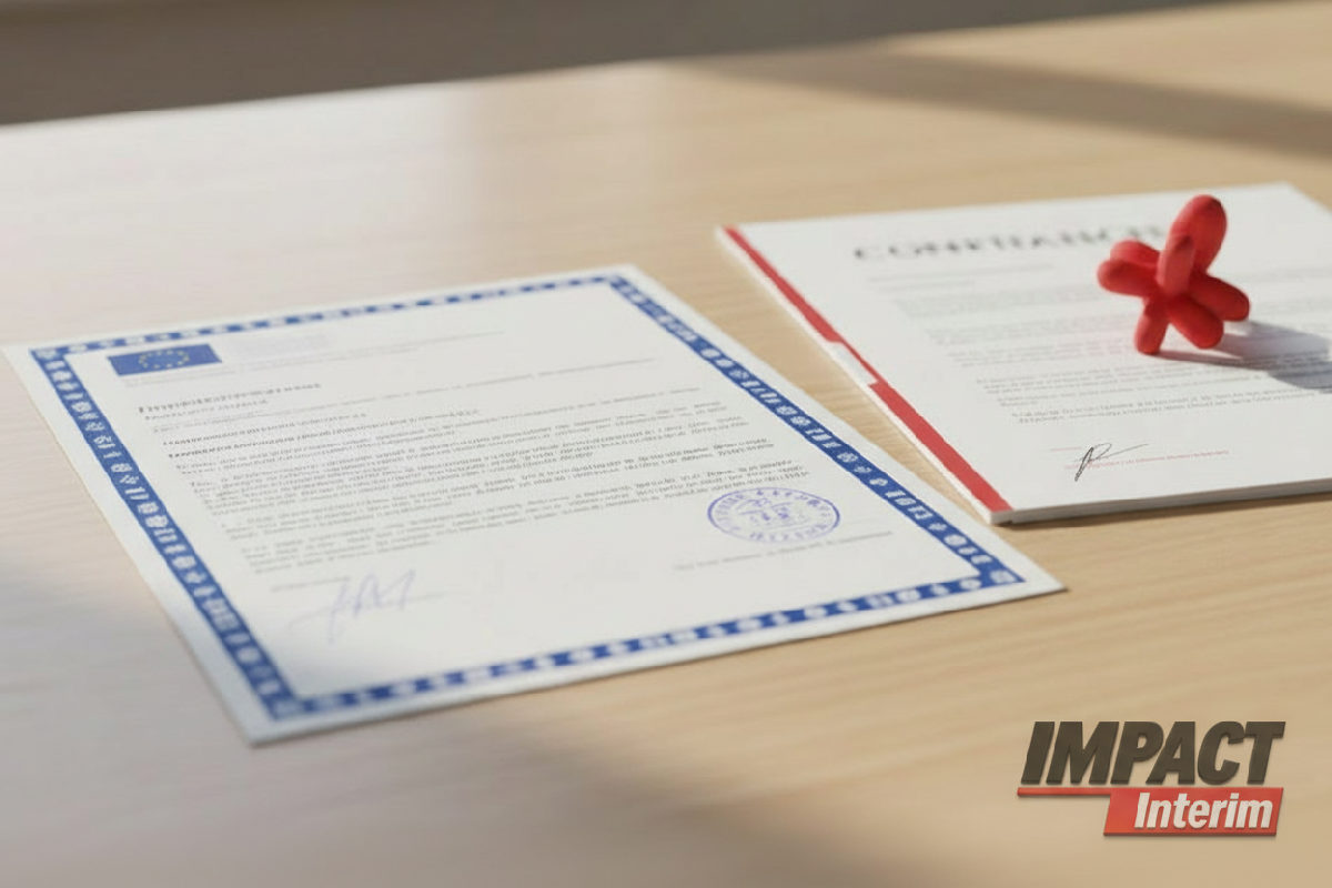 Contrat de travail français et formulaire A1 symbolisant la conformité européenne.