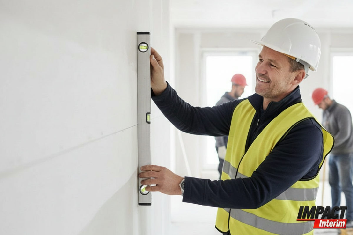Chef de chantier vérifiant la qualité du travail d'intérimaires.