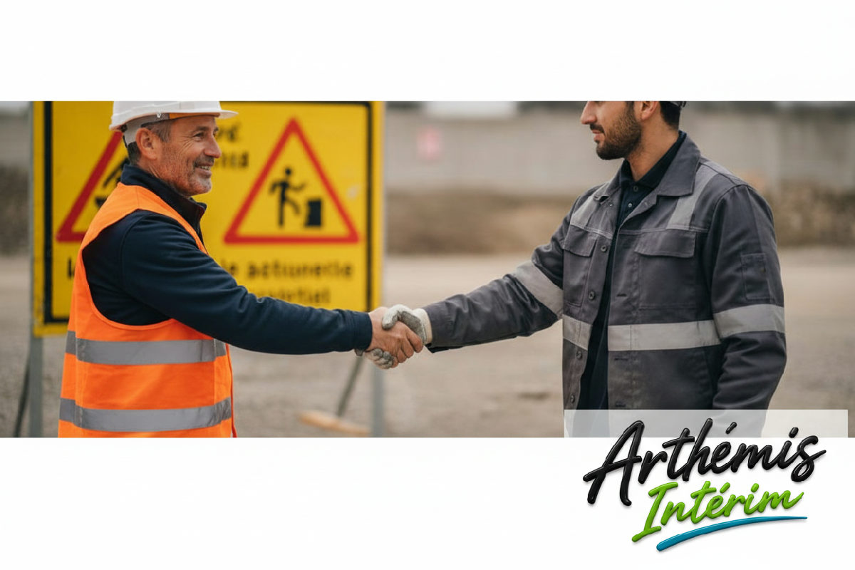 Poignée de main entre un chef de chantier français et un ouvrier roumain.