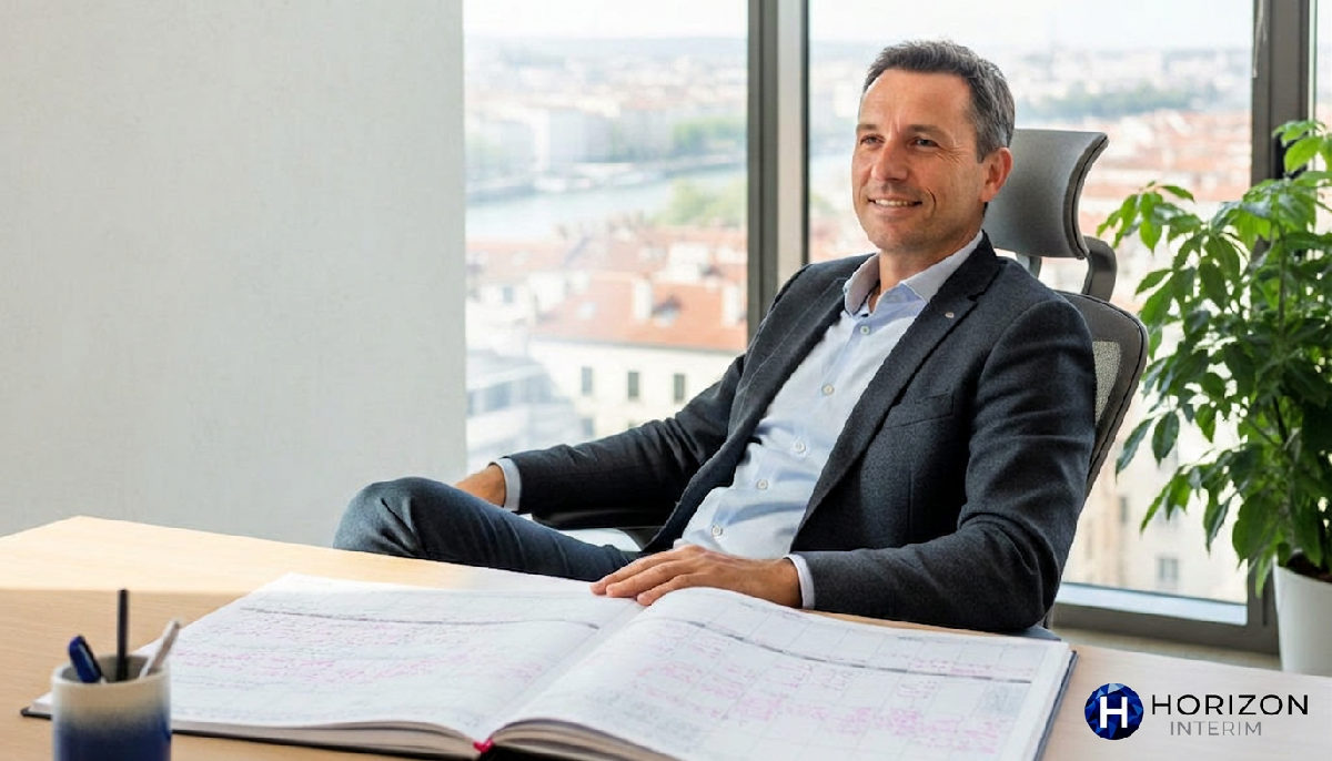 Gérant lyonnais consultant son planning de chantier avec succès.