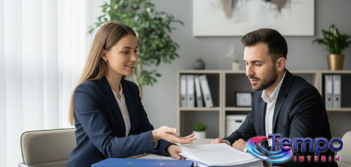Conseillère RH présentant des documents à un chef d'entreprise.