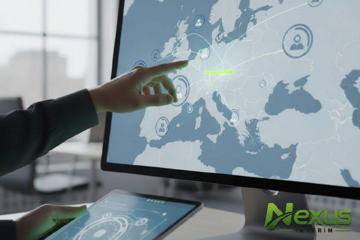 Écran avec logos d'emplois européens et carte connectée.