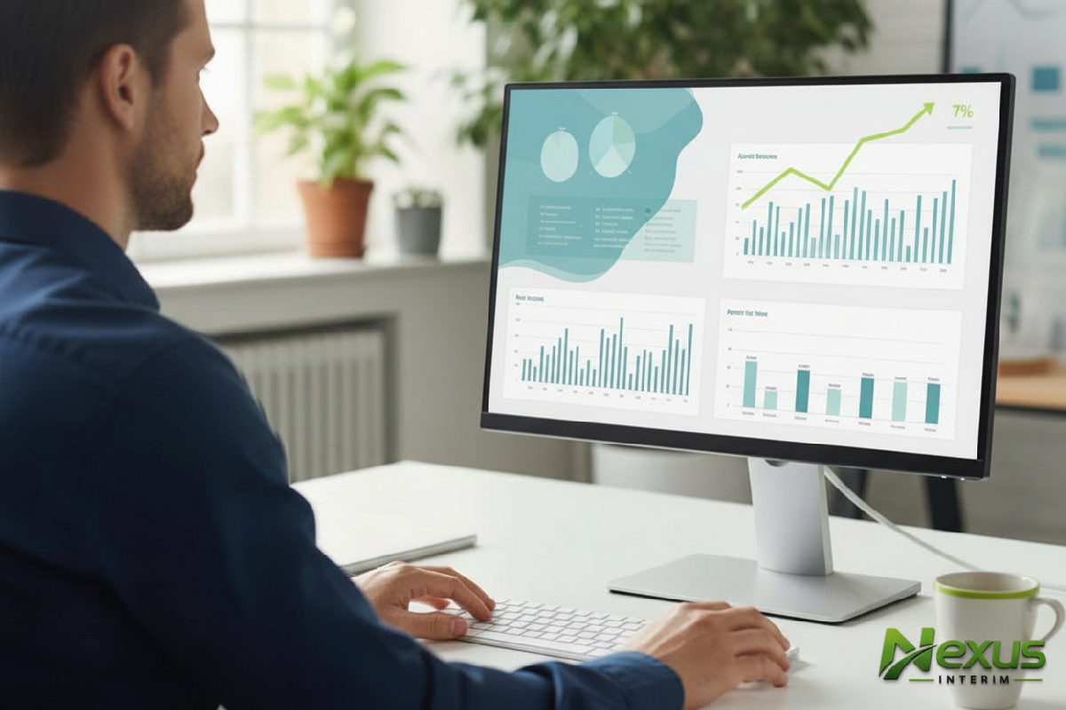 Recruteur utilisant un logiciel ATS avec graphiques de performance.