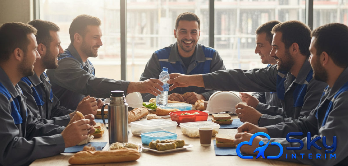 Ouvriers français et roumains partageant un repas ensemble.