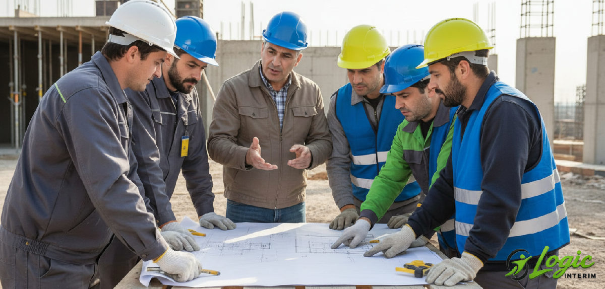 Équipe mixte discutant d'un plan sur un site de construction.