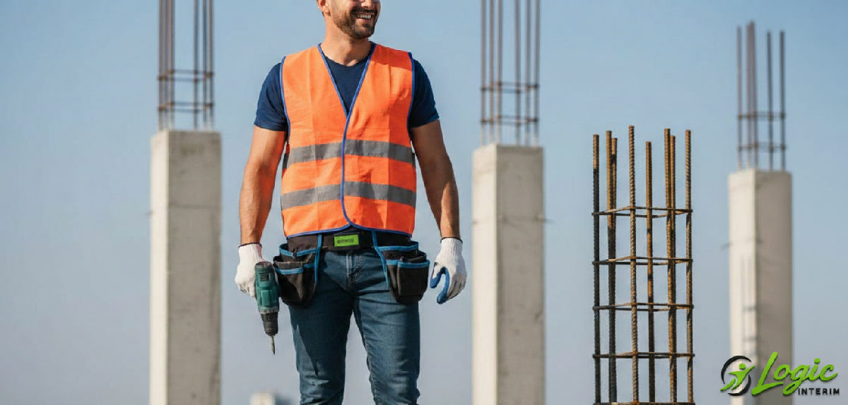Ouvrier roumain souriant avec équipement de sécurité sur chantier.
