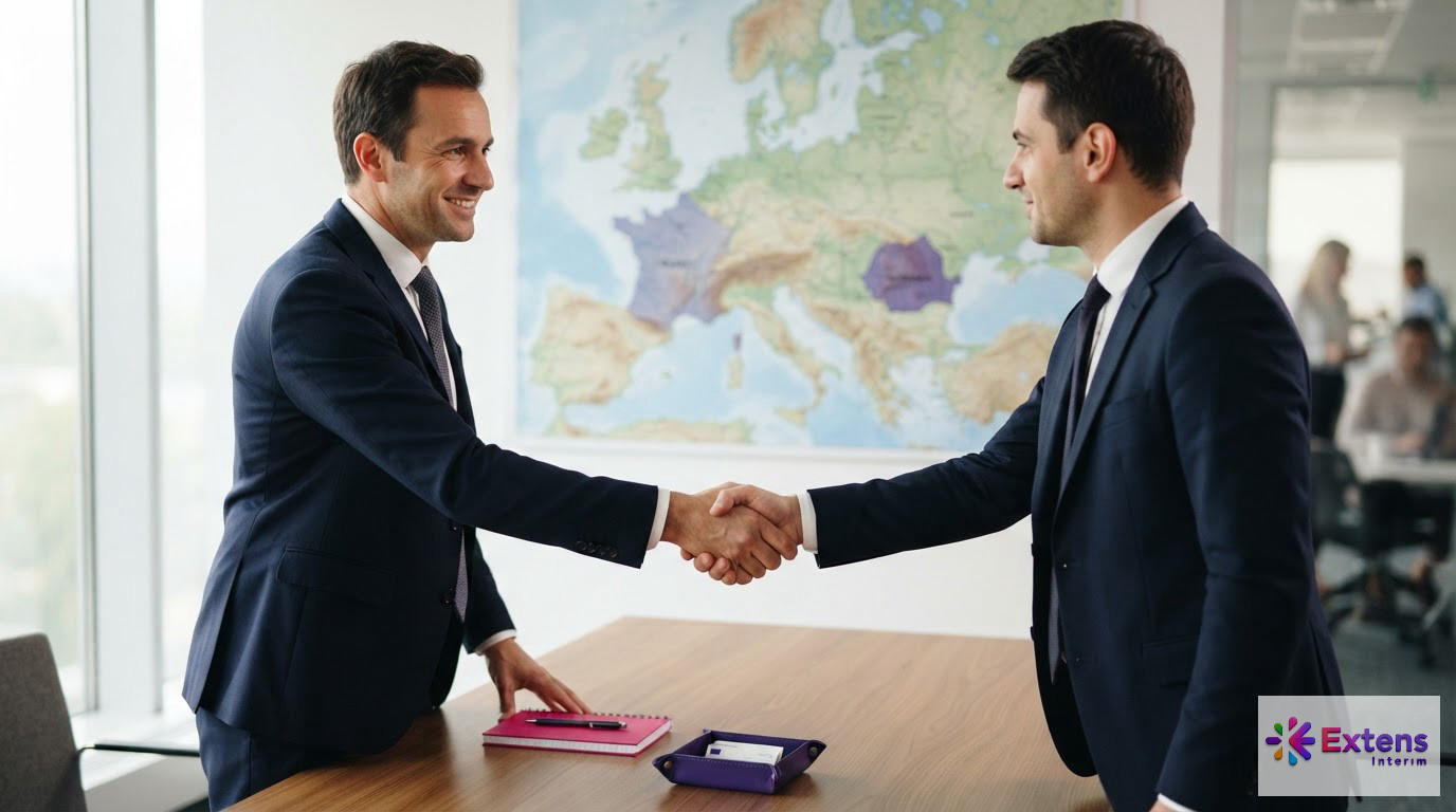 Poignée de main symbolisant la coopération commerciale entre la France et la Roumanie.