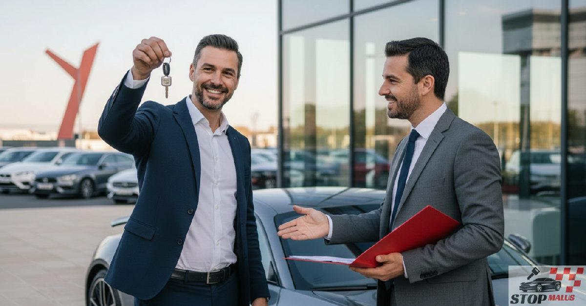 Propriétaire heureux recevant les clés de sa voiture importée.