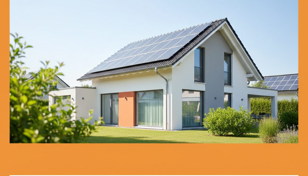 dotace na fotovoltaiku 2024 podmínky - Moderní dům se solárními panely na střeše za slunečného dne.