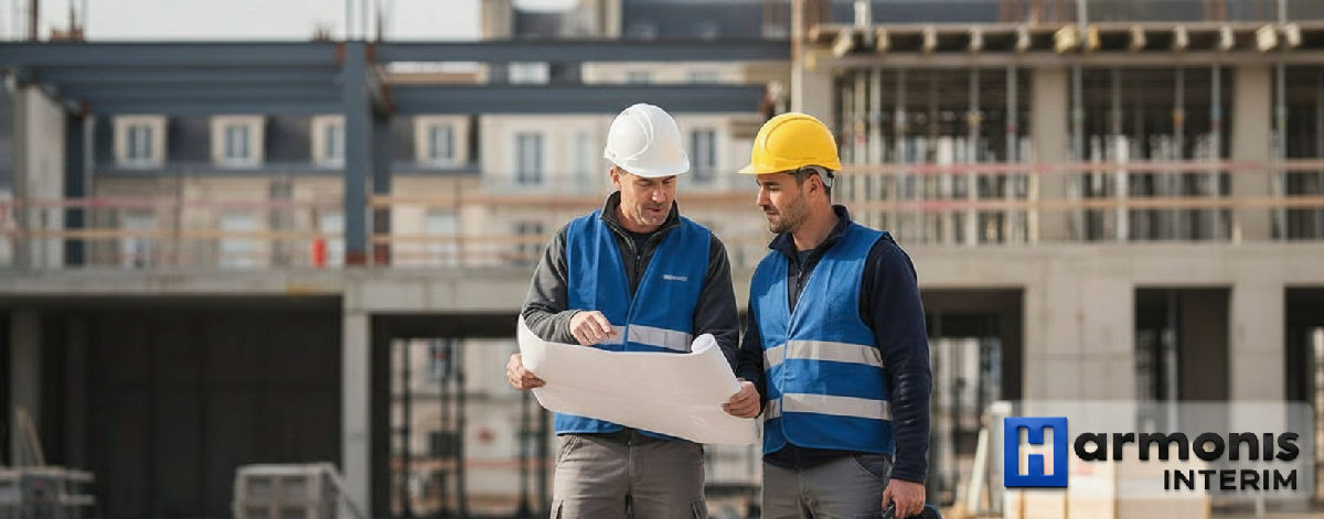 Chantier de construction BTP en France, ambiance de travail sécurisé.
