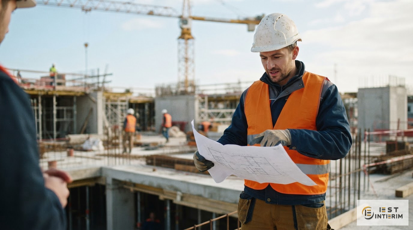 Ouvrier qualifié avec casque sur un chantier de construction en France.