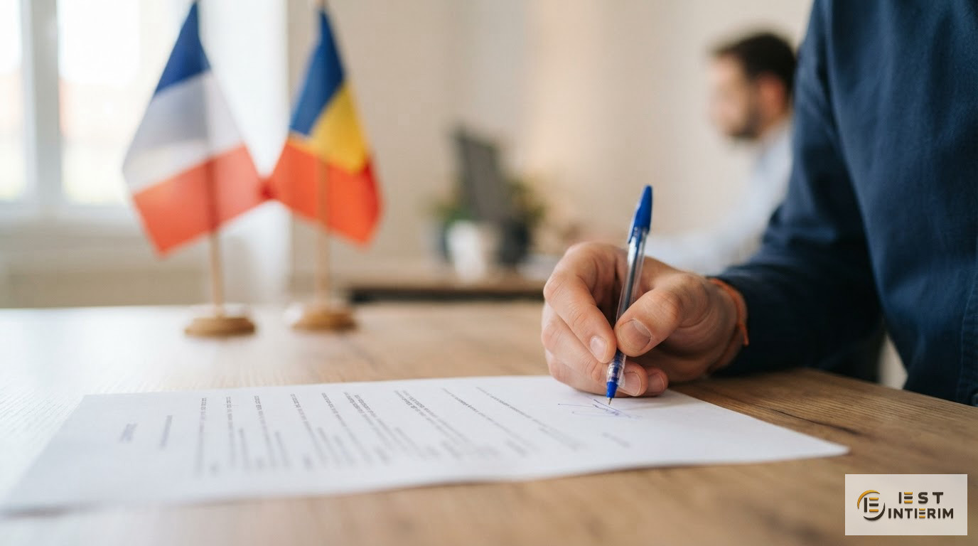 Main signant un contrat avec les drapeaux français et roumain en arrière-plan.