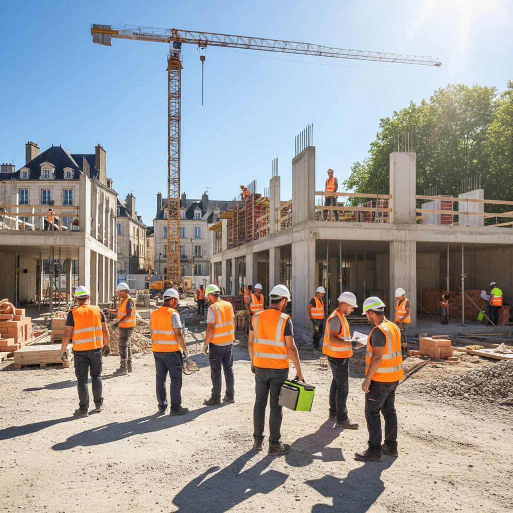intérim btp fête nationale – A busy construction site in France with workers during summer, focusing on interim BTP national 