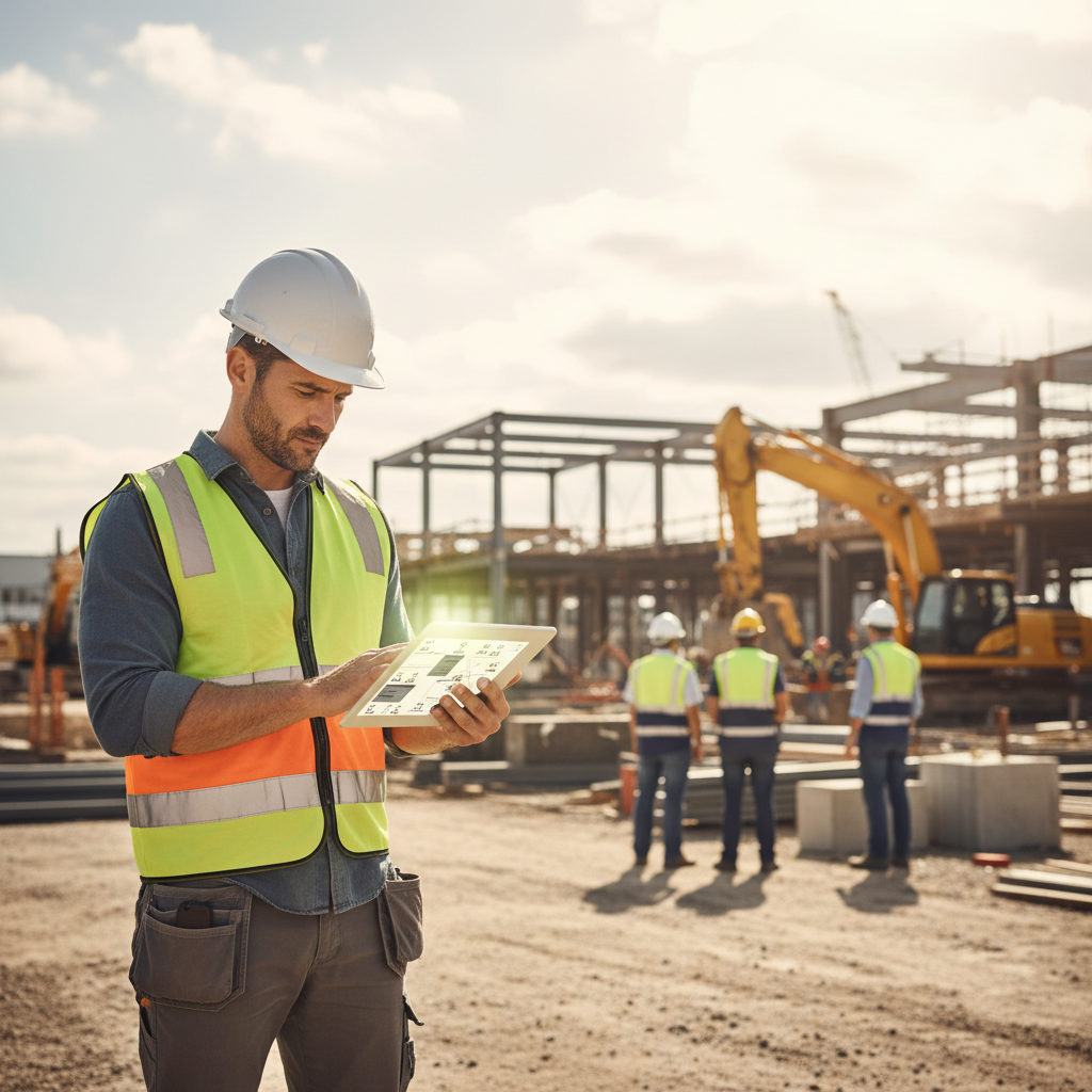 Construction manager looking at a tablet on-site, managing temporary staff recruitment.