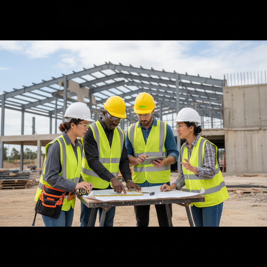 Group of construction workers of different nationalities working together professionally.