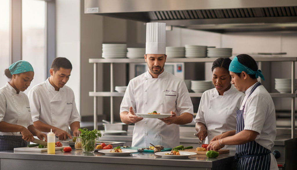 Brigade de cuisine diversifiée dirigée par un chef roumain au passe.