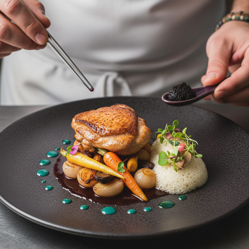Close-up of a beautifully plated French dish prepared by a skilled Romanian chef, symbolizing the high quality of Romanian culinary talent.