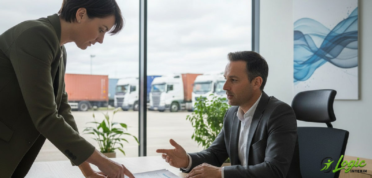 Expert expliquant des documents de transport dans un bureau logistique moderne.