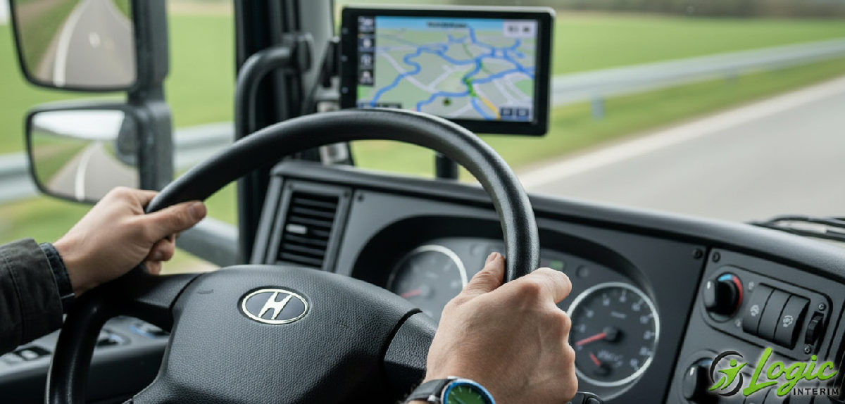Mains sur le volant, GPS affichant une route en France.