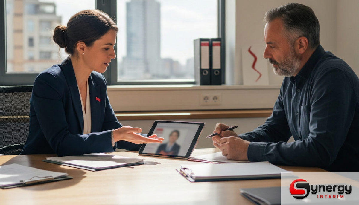 Vous avez tapé 'Sinergi Interim' ? Présentation de Synergy 1 Recruteur et responsable discutent de candidats pour l'industrie.