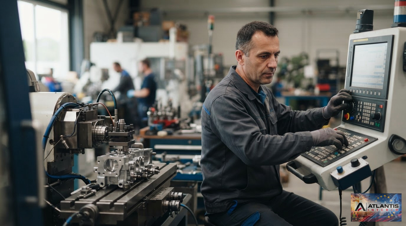 Technicien utilisant un équipement industriel de haute précision avec expertise.